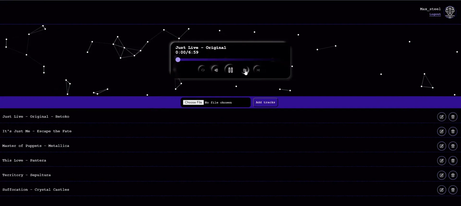 La biblioteca de Retro Player: una pantalla oscura con una tarjeta de reproductor flotante que muestra “Just Live – Original” en 0:00 de 6:59, con botones de repetir, anterior, pausa, siguiente y aleatorio, sobre un lienzo de puntos blancos unidos por líneas finas. Debajo, una barra morada para subir archivos y una lista de seis canciones, cada una con botones de editar y borrar.