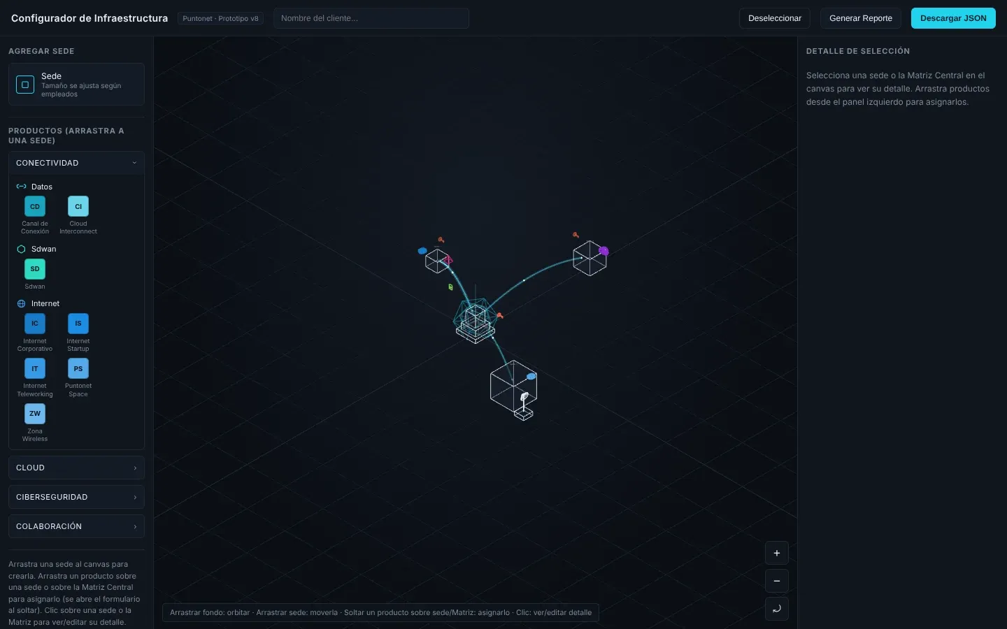 Prototipo temprano con cubos de wireframe que representan oficinas sobre una cuadrícula oscura, unidos por líneas finas, y una lista simple de productos a la izquierda.
