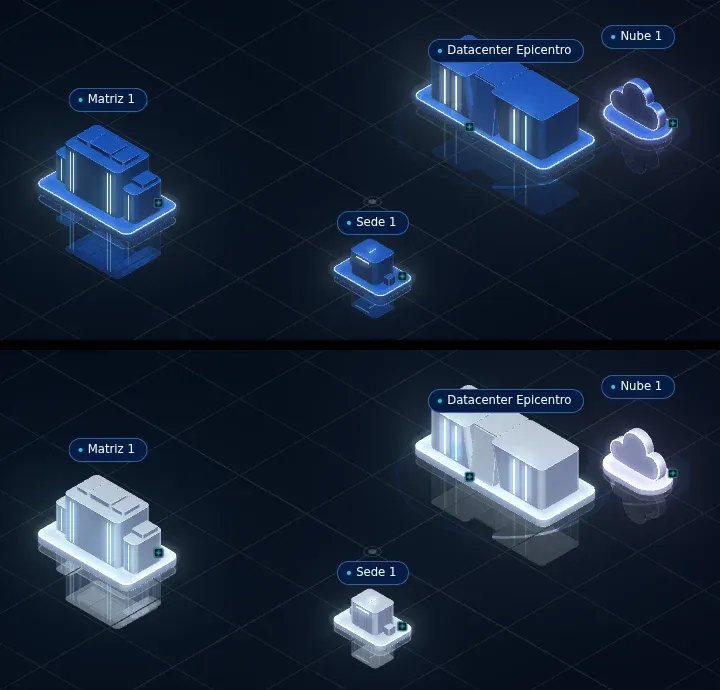 Dos versiones de la misma escena 3D comparadas: edificios azules arriba y, abajo, los edificios finales blancos con luz suave.