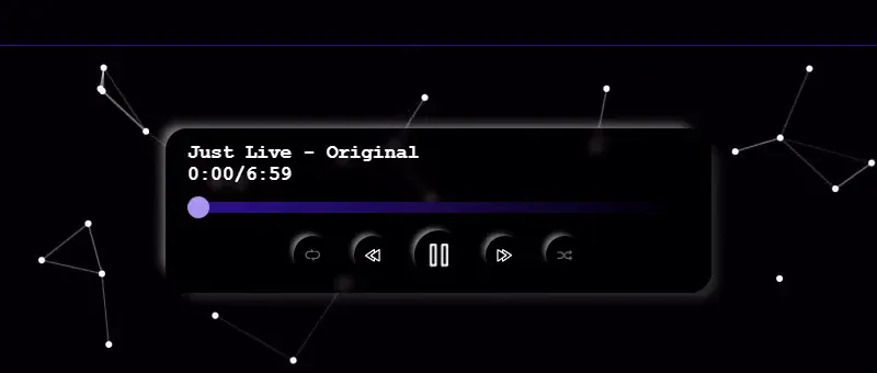 Acercamiento a la tarjeta del reproductor: el título de la canción y el tiempo, una barra de progreso morada con un control redondo y cinco botones redondos para repetir, anterior, pausa, siguiente y aleatorio.