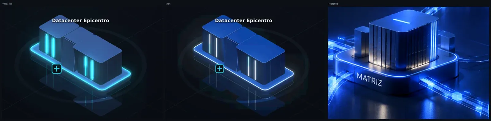 Tres paneles lado a lado: el render anterior del datacenter, el render mejorado y la imagen de referencia de dirección de arte.