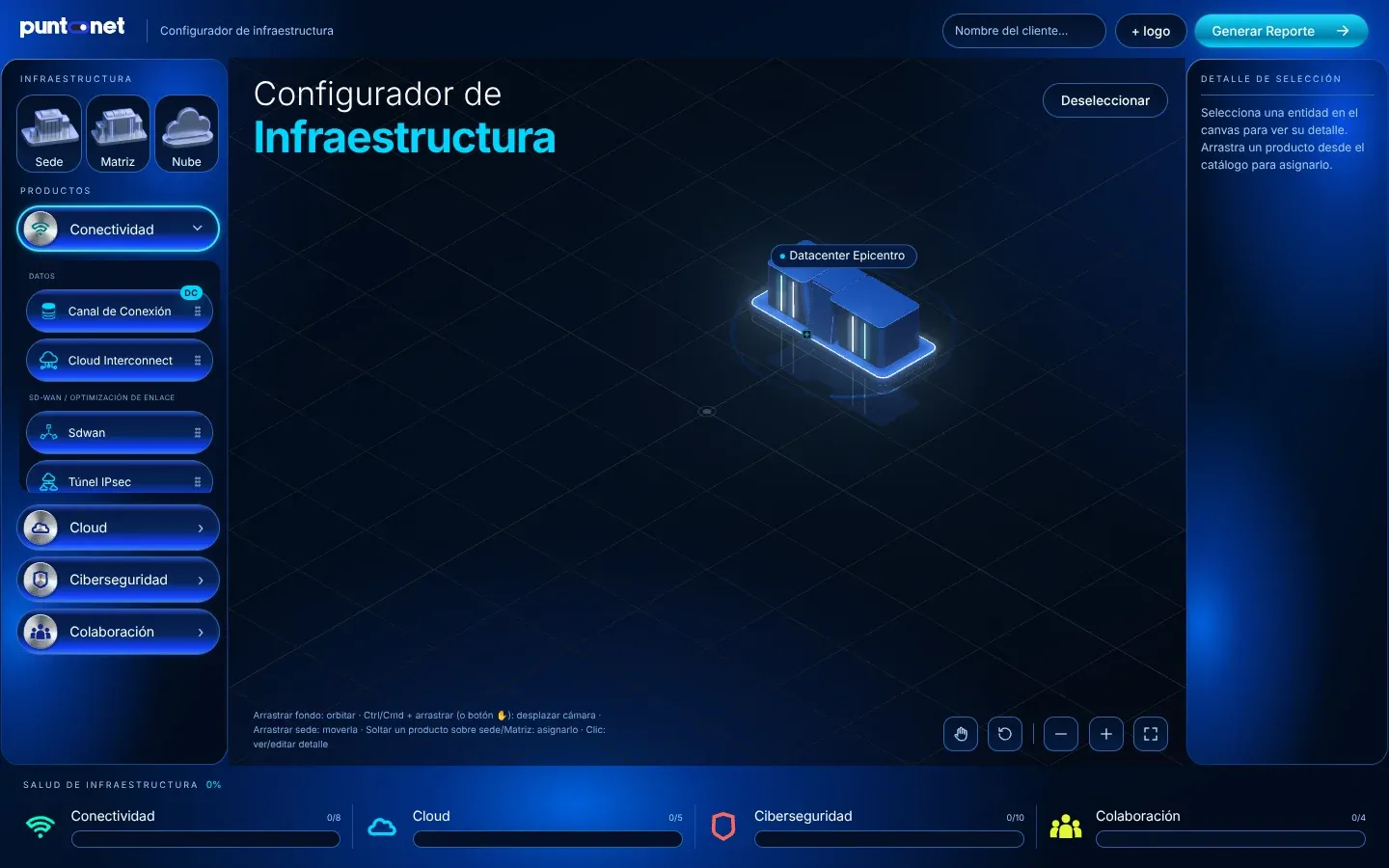 El configurador con la nueva interfaz de marca: paneles azules luminosos, botones de categoría con íconos y el datacenter en el centro de la escena.