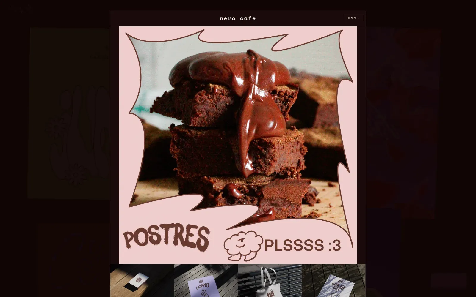 El visor de proyecto de Nero Cafe sobre el collage oscurecido: el título nero cafe y un botón cerrar arriba, una gran ilustración rosada de menú de postres con la palabra POSTRES y, debajo, la primera fila de miniaturas del branding de la cafetería.