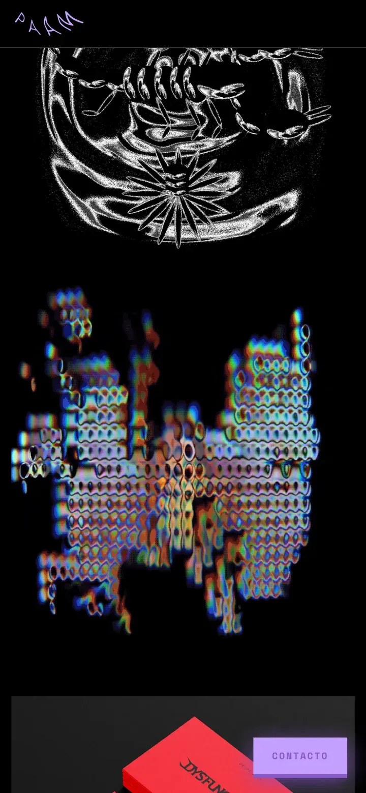 El sitio en un celular: el logo PAAM arriba y luego las piezas de Paam apiladas en una sola columna recta a todo el ancho, una ilustración 3D cromada y una pieza de glitch art, con el botón lila de contacto en la esquina inferior derecha.