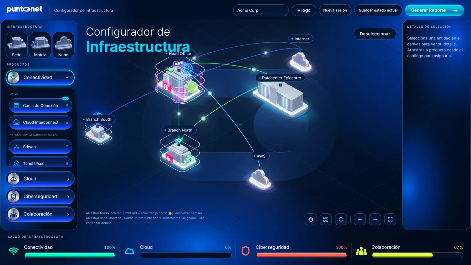 El configurador terminado: una escena 3D con una sede principal, dos sucursales, un datacenter y proveedores de nube conectados por líneas luminosas, con un catálogo de productos a la izquierda y una barra de salud por cada categoría de servicio abajo.