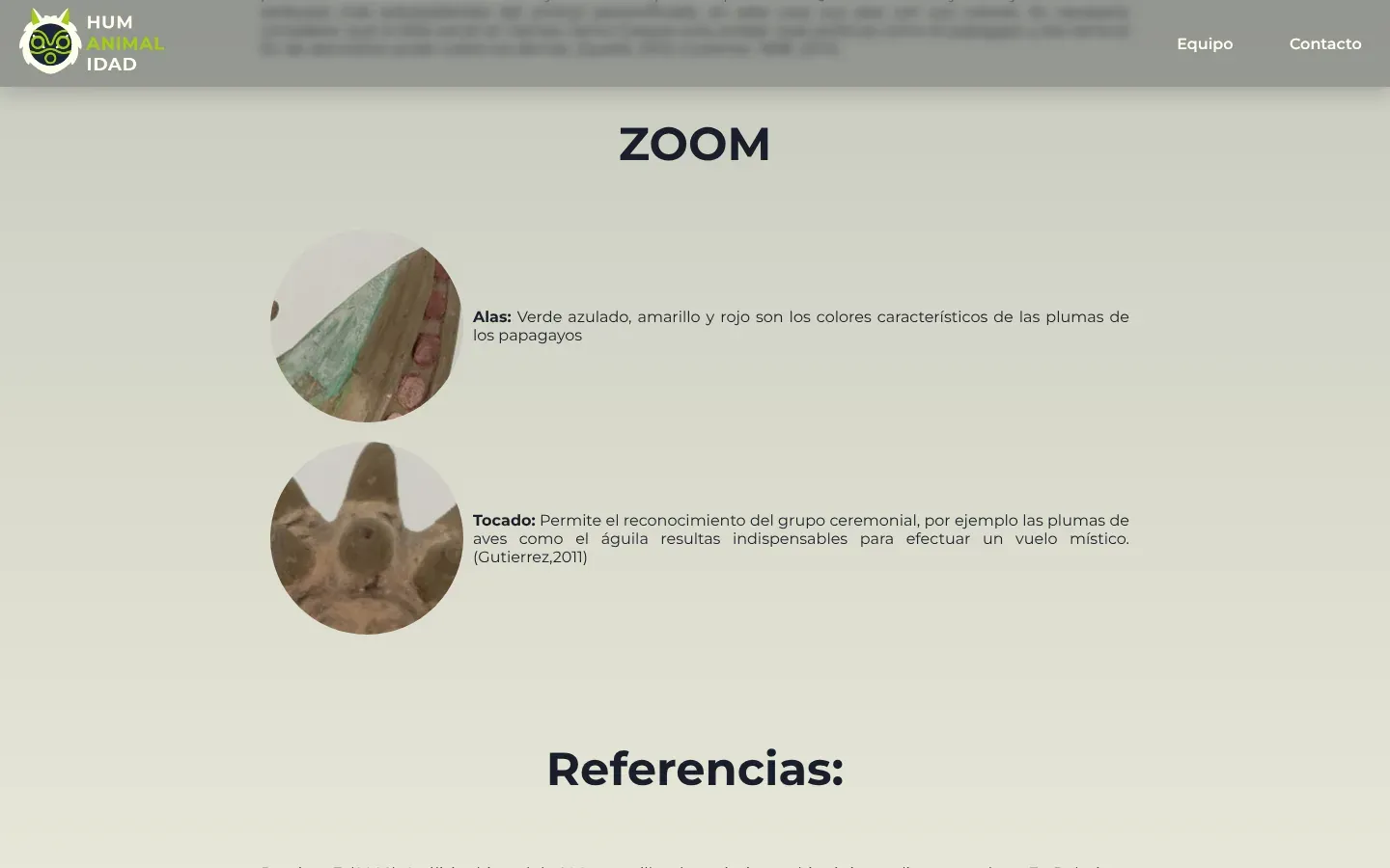 La sección ZOOM de la página Hombre alado: dos fotos circulares de acercamiento, la primera de un ala verde y café con cuentas rojas, rotulada Alas, y la segunda de un tocado con formas puntiagudas, rotulada Tocado, cada una con una breve explicación al lado. Debajo empieza el encabezado Referencias.