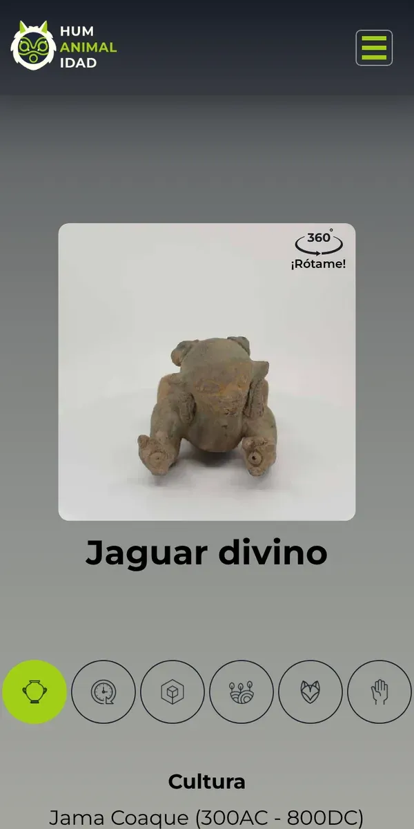 La página Jaguar divino en un celular: el logo HUM ANIMAL IDAD y un menú hamburguesa verde arriba, el jaguar de barro visto de frente en el visor cuadrado con su insignia 360° ¡Rótame!, el título Jaguar divino, una fila de seis pestañas redondas con la primera rellena de verde lima y el panel Cultura, Jama Coaque (300AC – 800DC).