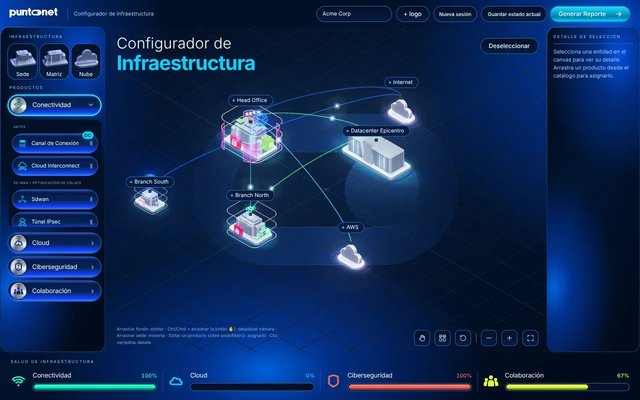 El configurador funcionando en resolución de tablet, con la escena completa de infraestructura y controles pensados para el tacto.